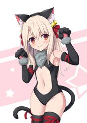  animal_ear_fluff animal_ears animal_hands bare_shoulders bell black_gloves black_thighhighs blonde_hair blush breasts cat_ears cat_girl cat_paws cat_tail center_opening closed_mouth commentary_request cowboy_shot dot_nose elbow_gloves fake_animal_ears fake_tail fate/kaleid_liner_prisma_illya fate_(series) female fur_collar gloves groin hair_bell hair_ornament highres illyasviel_von_einzbern illyasviel_von_einzbern_(beast_style) jingle_bell light_smile long_hair looking_at_viewer morokoshi_(tekku) navel paw_gloves red_eyes ribbon small_breasts smile solo star_(symbol) stomach tail tail_ornament tail_ribbon thighhighs thighs 