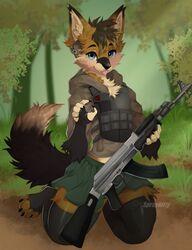  2023 anthro artist_name blep bottomwear brown_body brown_fur canid canine claws clothed clothing detailed_background digital_media_(artwork) finger_claws fingerless_(marking) fingerpads fox fully_clothed fur grass gun hi_res holding_gun holding_object holding_ranged_weapon holding_weapon legwear looking_at_viewer male mammal midriff outside pawpads plant ranged_weapon skirt solo spraykitty thigh_highs toe_claws tongue tongue_out tree weapon 