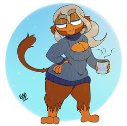  2022 3_toes admiral_brickell anthro badmintonne beverage biped bloons_tower_defense blue_clothing blue_eyes blue_sweater blue_topwear blush blush_lines breasts brown_body brown_eyelids brown_fur cleavage cleavage_cutout clothed clothing coffee coffee_mug cutout dated ear_tuft eyebrow_through_hair eyebrows feet female fur geometric_background grey_hair hair half-closed_eyes hand_on_hip haplorhine hi_res holding_object leg_tuft mammal monkey narrowed_eyes ninja_kiwi primate round_ears signature simple_background solo standing steam sweater tail tail_tuft tan_body tan_skin thick_eyebrows thick_thighs toes topwear translucent translucent_hair tuft 