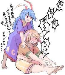  2girls animal_ears blonde_hair blush closed_eyes dress fat_rolls full_body highres long_hair medium_hair multiple_girls navel open_mouth plump purple_dress rabbit_ears red_eyes ringo_(touhou) seiran_(touhou) shinmon_akika short_sleeves shorts simple_background sitting stretching sweat touhou translation_request white_background 