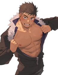  1boy abs bara bare_pectorals blush facial_hair from_above gondom large_pectorals looking_at_viewer male_focus motoki_(kaijuhibino) muscular muscular_male navel nipples open_clothes opened_by_self original pants pectorals sanpaku second-party_source short_hair sideburns_stubble solo stomach stubble superman_exposure thick_eyebrows undressing 