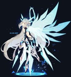  armor armored_dress artist_request back bare_back bare_shoulders black_background black_bodysuit blue_circle blue_hair bodysuit boots code:_sariel_(elsword) elsword energy_wings english_text eve_(elsword) expressionless female floating from_behind hair_between_eyes halo icedango_(dpopic3) jewelry long_hair looking_back mechanical_ears robot_ears second-party_source simple_background solo spikes thighhighs very_long_hair very_long_sleeves white_footwear white_hair white_thighhighs wings yellow_eyes 