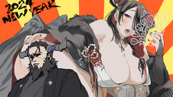  bare_shoulders black_hair braid breasts censored character_censor colored_inner_hair demon_horns female hand_fan holding holding_fan hololive hololive_english horns huge_breasts husband_and_wife japanese_clothes long_hair looking_at_viewer mamarissa mature_female mole mole_under_eye multicolored_hair new_year novelty_censor paparissa red_eyes set7 smile suit two-tone_hair wrinkled_skin 