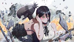  2girls absurdres bare_shoulders black_choker black_flower black_hair black_rose bomb_devil_(chainsaw_man) bouquet breasts chainsaw_man choker dual_persona flower green_eyes hair_between_eyes highres holding holding_bouquet kiunchiku medium_breasts multiple_girls reze_(chainsaw_man) rose shirt sleeveless sleeveless_shirt 