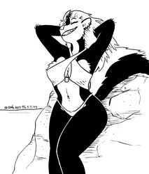  2023 anthro bikini black_and_white clothing ear_piercing ear_ring fangs female fur hair hi_res kelly_o&#039;dor mammal mephitid midriff monochrome navel piercing ring_piercing sharp_teeth skunk solo swimwear tail teeth tegerio zandar&#039;s_saga 