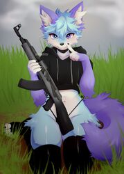  2023 ak-103 ak_platform anthro artist_name assault_rifle blue_body blue_eyes blue_fur canid canine digital_media_(artwork) femboy fox front_view fur grass gun heart_eyes heart_symbol hi_res holding_gun holding_object holding_ranged_weapon holding_weapon inner_ear_fluff male male_anthro mammal navel plant purple_tail ranged_weapon rifle solo spraykitty tail tuft weapon white_body 