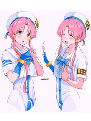  :d ^_^ absurdres andanden aria_(manga) aria_company_uniform blue_bow blue_bowtie blue_gloves blush bow bowtie closed_eyes commentary cropped_torso dress english_commentary female fingerless_gloves forehead gloves green_eyes hair_intakes hair_tubes hat highres long_hair looking_at_viewer mizunashi_akari multiple_views open_mouth parted_bangs pink_hair sailor_collar sailor_hat shirt short_hair_with_long_locks short_sleeves sidelocks simple_background single_glove smile steepled_fingers summer_uniform uniform white_background white_dress white_headwear white_shirt 