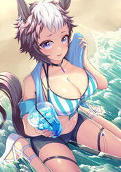  absurdres animal_ears bare_shoulders beach bikini black_choker blue_shorts breasts choker cleavage commentary_request cup disposable_cup drinking_straw female grey_hair highres holding holding_cup horse_ears horse_girl large_breasts looking_at_viewer mejiro_ryan_(umamusume) multicolored_hair navel ocean official_alternate_costume outdoors purple_eyes same_kujira_(challenger_310) shoes short_hair short_shorts shorts sitting solo stomach striped_bikini striped_clothes swimsuit tail thigh_strap thighs umamusume vertical-striped_bikini vertical-striped_clothes wariza water wet white_footwear white_hair 