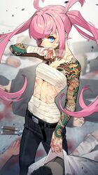  4boys absurdres arietta_(tostantan) arm_tattoo balisong bandages bandeau belt black_belt black_pants blood blood_on_hands blue_eyes chest_sarashi commentary cowboy_shot dragon_tattoo english_commentary female highres knife long_hair looking_at_viewer midriff midriff_sarashi multiple_boys original pants pink_hair sarashi scar scar_on_arm scar_on_cheek scar_on_chest scar_on_face scar_on_hand scar_on_stomach sidelocks solo_focus standing strapless tattoo tostantan tube_top twintails very_long_hair 