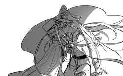  1boy bad_id bad_pixiv_id brother_and_sister cape crest crying family_crest fate/grand_order fate_(series) female french_kiss greyscale hat highres incest kissing looking_at_another low_ponytail medallion military_hat monochrome oda_nobukatsu_(fate) oda_nobunaga_(fate) oda_uri otoko_no_ko peaked_cap sempon_(doppio_note) siblings simple_background white_background 