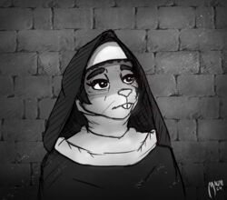  anthro black_and_white brick_wall buckteeth clothed clothing female fully_clothed greyscale hi_res mammal monochrome mouse murid murine nun nun_outfit oneflymagpie ophelia_(oneflymagpie) ophelia_orzhechy portrait rodent solo teeth wall_(structure) 