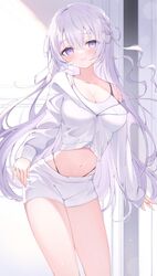  absurdres blush breasts cleavage cropped_jacket female hair_ribbon highres indie_virtual_youtuber jacket long_hair long_sleeves naito_mare_(vtuber) okomeillust purple_eyes purple_hair ribbon shorts smile solo very_long_hair virtual_youtuber white_jacket white_shorts 