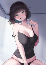  bare_shoulders black_camisole black_hair blush breasts camisole cleavage female food_in_mouth green_eyes highres incoming_pocky_kiss lanthan large_breasts looking_at_viewer midriff original pocky_day pointing pointing_at_self short_hair 