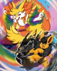  4:5 aaron_akio absurd_res action_pose action_scene ambiguous_gender anthro arms_outstretched augury_(artist) belt big_ears big_tail black_body black_fire black_fur boots braixen clothed clothing colored_fire duo eeveelution fangs feral fire flareon flowing_hair flowing_tail fluffy fluffy_ears footwear fur generation_1_pokemon generation_6_pokemon hair handpaw heterochromia hi_res hindpaw jumping looking_at_viewer male midair multicolored_fire neck_tuft nintendo open_mouth orange_body orange_fur paws pokemon pokemon_(species) pose purple_eyes rainbow rainbow_fire red_eyes scarf shirt spiky_hair tail teeth topwear tuft tunic white_sclera yellow_eyes 