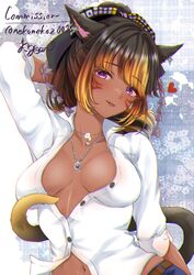  animal_ears arm_behind_head breasts brown_hair cat_ears cat_tail cleavage collared_shirt commission dark-skinned_female dark_skin denim earrings eyebrows_hidden_by_hair female final_fantasy final_fantasy_xiv hairband head_tilt heart highres jeans jewelry large_breasts looking_at_viewer miqo&#039;te multicolored_hair multiple_necklaces necklace_between_breasts nekonekoz001 original pants purple_eyes shirt short_hair signature skeb_commission solo streaked_hair tail tongue tongue_out unbuttoned unbuttoned_shirt upper_body warrior_of_light_(ff14) white_shirt 