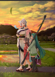  3girls alternate_costume animal_ears backpack bag black_socks black_thighhighs breasts cardigan cloud cloudy_sky commentary evening finger_to_own_chin flower_knot fox_ears from_side full_body ghost grass green_cardigan green_hair green_skirt gym_shorts height_difference highres holding holding_bag holding_strap huge_breasts index_finger_raised jacket japanese_clothes kimono loafers looking_at_another mountainous_horizon multiple_girls ne_an_ito nhk_(voiceroid) obi obijime off_shoulder okobo open_mouth outdoors over_shoulder path pink_eyes plastic_bag pleated_skirt profile red_jacket red_shorts rice_paddy rural sandals sash school_uniform shoes shorts siblings side-by-side sisters skindentation skirt sky sleeveless sleeveless_kimono slit_pupils smile sneakers socks thick_thighs thighhighs thighs touhoku_itako touhoku_kiritan touhoku_zunko track_jacket turtleneck turtleneck_jacket voiceroid walking weapon_bag white_kimono yumi_(bow) 