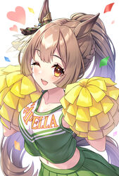  animal_ears braid breasts brown_eyes brown_hair cheering cheerleader collarbone commentary_request confetti crop_top female green_skirt hair_ornament heart highres holding holding_pom_poms horse_ears horse_girl horse_tail large_breasts long_hair looking_at_viewer midriff navel official_alternate_costume one_eye_closed open_mouth pleated_skirt pom_pom_(cheerleading) ponytail satono_diamond_(umamusume) shirt simple_background skirt smile solo tail tomo_(tmtm_mf_mf) umamusume very_long_hair white_background 