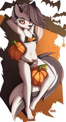  anthro bikini black_bikini black_clothing black_ears black_swimwear breasts canid canid_demon canine clothed clothing demon female food fruit fur grey_body grey_fur grey_hair grey_tail hair halloween hellhound helluva_boss hi_res holidays iris loona_(helluva_boss) mammal midriff multicolored_body multicolored_fur mythological_canine mythological_creature mythology navel omiart plant pumpkin pupils red_sclera smile swimwear tail two_tone_tail white_body white_breasts white_eyes white_fur white_inner_ear white_tail 