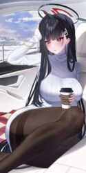  absurdres aqua74286 black_hair black_pantyhose blue_archive blush breasts bright_pupils cup disposable_cup drink female hair_ornament hairclip halo highres holding holding_drink jewelry large_breasts long_hair long_sleeves looking_at_viewer necklace on_vehicle pantyhose red_eyes rio_(blue_archive) solo sweater turtleneck turtleneck_sweater very_long_hair white_sweater 