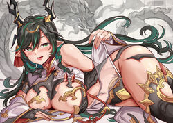  black_hair black_thighhighs breast_cutout breasts cleavage cleavage_cutout clothing_cutout colored_inner_hair detached_sleeves dragon dragon_girl dragon_horns draph dress eastern_dragon female gradient_hair granblue_fantasy green_eyes green_hair hair_ornament himuro_shunsuke horns large_breasts leotard long_hair looking_at_viewer lying mole mole_under_mouth multicolored_eyes multicolored_hair navel navel_cutout on_side payila_(granblue_fantasy) pointy_ears red_eyes see-through see-through_dress solo stomach_cutout tassel tassel_hair_ornament thighhighs tuanshan two-tone_eyes two-tone_hair very_long_hair 