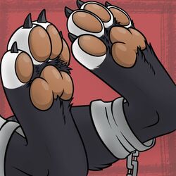  1:1 4_toes avoid_posting bondage canid canine claws cuff_(restraint) domestic_cat feet felid feline felis foot_focus fox hybrid jungabeast mammal pawpads paws red_background restraints shackles simple_background skaalreaper soles tabby_cat toe_claws toes zax_(zwalexan) 