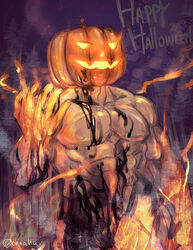  1boy abs alternate_costume bara boku_no_hero_academia bulge completely_nude cowboy_shot endeavor_(boku_no_hero_academia) fire halloween halloween_costume happy_halloween jack-o&#039;-lantern jack-o&#039;-lantern_head large_pectorals male_focus muscular muscular_male nipples nude ono_(ohno_ha) pectorals pumpkin revealing_clothes slime_(substance) solo 