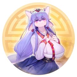  animal_ears aruri_(whooo-ya) blue_hair breasts commentary_request female furry furry_female highres korean_commentary large_breasts looking_at_viewer original purple_eyes solo tail whooo-ya 