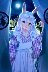  animal_ears apron commentary_request female full_moon japanese_clothes kimono long_hair looking_at_viewer maronie. moon night night_sky open_mouth original rabbit rabbit_ears rabbit_girl sky smile solo susuki_grass tsukimi white_hair yellow_eyes 