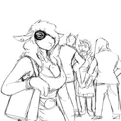  1:1 anthro bodyguard bovid canid canine canis caprine clothing domestic_dog domestic_sheep eyewear female group hi_res hladilnik jane_doe_(hladilnik) maid_uniform male mammal monochrome sheep suid suina suit sunglasses uniform warthog 