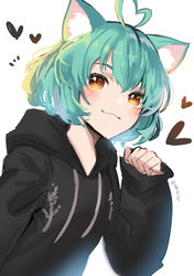  ahoge animal_ear_fluff animal_ears black_hoodie blush brown_hair cat_ears cat_girl clenched_hand female girl_dm girl_dm_(old_design) green_hair heart heart_ahoge hood hoodie indie_virtual_youtuber kgr looking_up short_hair smile solo twitter_username upper_body virtual_youtuber white_background 