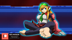  aged_up android artist_name between_breasts blonde_hair breasts closed_mouth commentary english_commentary female full_body goggles goggles_on_head green_necktie highres indian_style large_breasts looking_at_viewer mega_man_(series) mostlyfunstuff necktie necktie_between_breasts no_shoes pachislot_rockman_ability patreon_logo patreon_username pleated_skirt red_skirt roll_(pachislot_rockman_ability) sitting skirt smile solo toes watermark web_address 