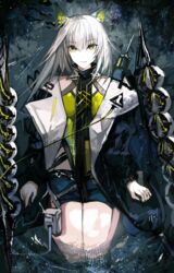  absurdres animal_ear_fluff animal_ears arknights black_jacket black_shorts cat_ears closed_mouth female green_eyes grey_hair highres jacket kal&#039;tsit_(arknights) kal&#039;tsit_(remnant)_(arknights) kneeling long_hair long_sleeves looking_at_viewer official_alternate_costume open_clothes open_jacket rhodes_island_logo_(arknights) shorts solo yuki_flourish 