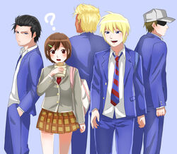  4boys ? arm_at_side arms_at_sides bag baseball_cap beard black_hair black_hairband blazer blonde_hair blue_background blue_eyes blue_jacket blue_necktie blue_pants blush_stickers bob_cut brown_eyes brown_hair brown_skirt commentary cowboy_shot danshi_koukousei_no_nichijou dark-skinned_male dark_skin diagonal_stripes dress_shirt eating facial_hair facing_away female food giuliyama_anio grey_headwear grey_jacket hair_ornament hairband hairclip hand_in_pocket hat height_difference highres holding holding_food jacket karasawa_toshiyuki looking_ahead looking_at_another looking_at_viewer motoharu_(danshi_koukousei) multiple_boys narrowed_eyes necktie open_mouth pants plaid plaid_skirt president_(danshi_koukousei) raised_eyebrows red_necktie ringo-chan_(danshi_koukousei) school_bag school_uniform shaded_face shirt short_hair skirt standing striped striped_necktie suit_jacket tabata_hidenori taiyaki untucked_shirt vice_president_(danshi_koukousei) wagashi white_bag white_shirt 