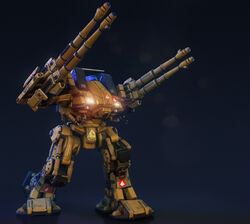  3d aiming arm_cannon battletech cannon choujikuu_yousai_macross commentary damaged defender_(macross) destroid english_commentary highres lights machinery macross mecha no_humans non-humanoid_robot original radar realistic redesign rickstefani rifleman_(battletech) robot robotech roundel science_fiction sign solo u.n._spacy walker_(robot) warning_sign weapon 