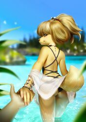  2019 5_fingers adobe_photoshop_(artwork) ambiguous_gender animal_crossing anthro back_groove beach bedroom_eyes bikini blonde_hair blurred_background bracelet canid canine canis clothing depth_of_field detailed_background digital_media_(artwork) digital_painting_(artwork) disembodied_hand domestic_dog duo eyelashes female fingers first_person_view fluffy fluffy_tail fur hair half-closed_eyes hand_holding hi_res human human_on_anthro interspecies isabelle_(animal_crossing) jewelry looking_at_viewer looking_back mammal nails narrowed_eyes nintendo outside partially_submerged rear_view seaside seductive shih_tzu slim slim_anthro slim_female smile snout solo_focus swimwear tail tied_hair toy_dog translucent translucent_clothing water wayn_animation yellow_body yellow_fur yellow_tail 