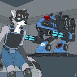  1:1 2019 absurd_res arm_cannon battletech belt black_body black_fur black_hair blue_eyes bottomwear cannon clothed clothing cybernetic_arm cybernetic_leg cybernetic_limb cybernetics cyborg digital_media_(artwork) fur grey_body grey_fur gun hair hangar hi_res inside machine male mammal mecha mechwarrior multicolored_body multicolored_fur nova_(mech) prdarkfox procyonid prosthetic prosthetic_limb raccoon ranged_weapon shorts solo topwear vest weapon white_body white_fur 