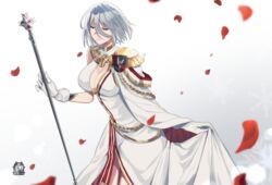  asymmetrical_clothes azur_lane breasts cape cleavage closed_eyes closed_mouth commentary_request cross dress epaulettes evening_gown falling_petals female gloves grey_hair iron_cross mugino_kouji official_alternate_costume petals rose_petals short_hair side_cape skirt_hold solo staff standing tirpitz_(azur_lane) tirpitz_(iron_blood_snowstorm)_(azur_lane) white_cape white_dress white_gloves 