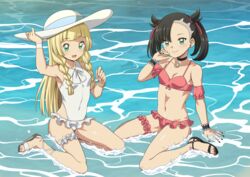  2girls :d arm_support bikini black_choker black_hair black_nails blonde_hair blunt_bangs bracelet braid breasts bridal_garter casual_one-piece_swimsuit choker cleavage collarbone commentary commission day feet frills green_eyes hand_up hat highres jewelry legs lillie_(pokemon) long_hair marnie_(pokemon) multiple_girls nail_polish one-piece_swimsuit open_mouth outdoors pokemon pokemon_sm pokemon_swsh sandals sitting smile suitenan swimsuit toenail_polish toenails toes twin_braids twintails water white_headwear white_one-piece_swimsuit 