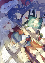  2girls blue_hair closed_eyes collarbone doremy_sweet dress feathered_wings hair_between_eyes hat highres jacket kishin_sagume ko_kita long_hair long_sleeves multicolored_clothes multicolored_dress multiple_girls nightcap open_clothes open_jacket open_mouth purple_dress red_eyes red_headwear short_hair short_sleeves single_wing sleeping touhou unworn_hat unworn_headwear white_dress white_hair white_jacket white_wings wings 