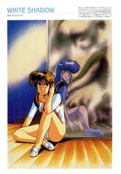  1980s_(style) blue_eyes border brown_hair copyright_name cream_lemon different_reflection female full_body hand_to_head highres leotard long_hair mirror non-web_source official_art parted_lips reflection retro_artstyle solo translation_request white_footwear white_shadow 