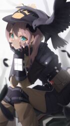  absurdres alternate_costume apex_legends arm_guards belt bird black_headwear bloodhound_(apex_legends) bloodhound_(apex_legends)_(cosplay) blue_eyes brown_hair copyright_name cosplay crow feathers female hair_between_eyes hands_on_own_cheeks hands_on_own_face highres hololive knee_pads looking_at_viewer looking_to_the_side medium_hair natsuiro_matsuri shoulder_pads side_ponytail sitting solo the_plague_doctor_bloodhound thomas_8000 utility_belt virtual_youtuber 