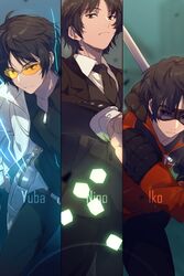  1boy arm_up belt black_gloves black_hair black_jacket black_necktie black_pants black_vest character_name column_lineup cosplay cowboy_shot cube echo_(circa) electricity fighting_stance formal frown glasses gloves glowing goggles gun handgun holster holstered ikoma_squad&#039;s_uniform ikoma_tatsuhito ikoma_tatsuhito_(cosplay) jacket karasuma_kyousuke long_sleeves looking_at_viewer male_focus multiple_views necktie ninomiya_masataka ninomiya_masataka_(cosplay) ninomiya_squad&#039;s_uniform pants ready_to_draw red_jacket short_hair suit sword tinted_eyewear vest weapon white_jacket world_trigger yellow-tinted_eyewear yuba_squad&#039;s_uniform yuba_takuma yuba_takuma_(cosplay) zipper 