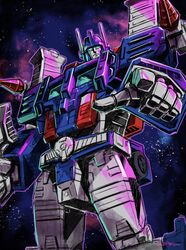  1boy absurdres autobot blue_eyes highres looking_at_viewer looking_down mecha no_humans pointing pointing_at_viewer robot solo space transformers transformers:_war_for_cybertron_trilogy ultra_magnus yasukuni_kazumasa 