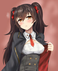  bad_id bad_pixiv_id blush brown_eyes brown_hair buttons covered_nipples cowboy_shot double-breasted female frown girls&#039;_frontline hair_between_eyes hako_reeema heart heart-shaped_pupils highres jacket long_hair looking_at_viewer medium_tank necktie red_ribbon ribbon solo sweat symbol-shaped_pupils twintails type_97_(girls&#039;_frontline) 