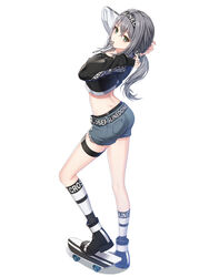  arms_up ass back belt black_footwear black_gloves black_shirt boots closers crop_top crop_top_overhang denim denim_shorts drawstring eunha_(closers) female fingerless_gloves from_behind full_body gloves green_eyes grey_hair grey_shorts hair_tie_in_mouth hairband highres kneehighs long_hair long_sleeves looking_at_viewer looking_back low_ponytail midriff mouth_hold non-web_source official_art shirt short_shorts shorts simple_background skateboard socks solo standing thigh_strap thighs two-tone_hoodie two-tone_shirt tying_hair white_background 