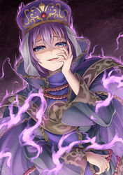  alternate_costume blue_eyes cosplay eremiya_(fire_emblem) female fire_emblem fire_emblem:_new_mystery_of_the_emblem gharnef gharnef_(cosplay) hair_between_eyes hand_on_own_face hat long_sleeves looking_at_viewer magic purple_hair smile solo ten_(tenchan_man) upper_body veil yandere 