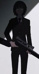  black_hair black_jacket black_necktie black_pants black_vest chokuboron_ryou closed_mouth collared_shirt cowboy_shot female formal freckles glowing glowing_eyes grey_background gun hatohara_mirai highres holding holding_gun holding_weapon jacket long_sleeves looking_at_viewer necktie ninomiya_squad&#039;s_uniform pants rifle shade shirt short_hair smile sniper_rifle solo suit vest weapon white_shirt world_trigger 