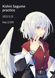  belt belt_buckle black_background black_belt blush buckle buttons character_name closed_mouth collarbone collared_shirt dated feathered_wings female hair_between_eyes highres kishin_sagume ko_kita red_eyes red_shirt shirt short_hair short_sleeves simple_background single_wing solo touhou upper_body white_hair white_wings wings 