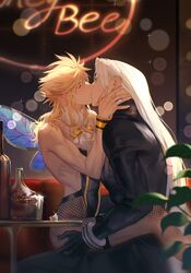  2boys bad_id bad_twitter_id blonde_hair cloud_strife commentary crossdressing final_fantasy final_fantasy_vii final_fantasy_vii_remake fishnets grey_hair highres jewelry kissing long_hair male_focus multiple_boys nightclub ring sephiroth sitting sitting_on_lap sitting_on_person symbol-only_commentary wrist_cuffs xianyu314 yaoi 