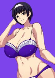  bare_arms bare_shoulders black_hair bra breasts cleavage commentary english_commentary female grin hairband hand_up highres huge_breasts navel original panties purple_background purple_bra purple_eyes purple_panties short_hair smile solo stomach underwear white_hairband yugo_(yugotme97) 